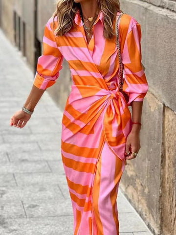 Wendy Damen Midi Kleid | Gestreift, Knopfleiste