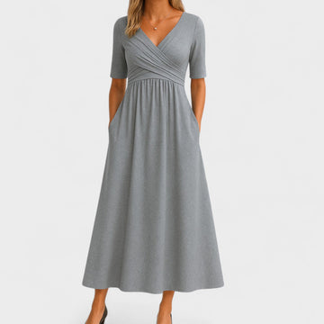 Wira Damen Midi Kleid | Wickel-V-Ausschnitt, Praktische Seitentaschen, Sommerkleider- S-3XL