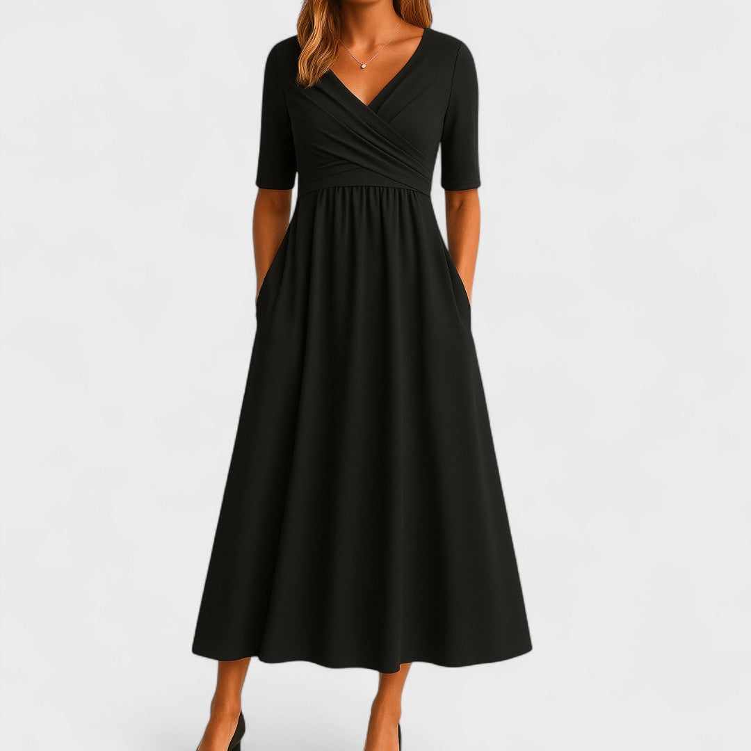 Wira Damen Midi Kleid | Wickel-V-Ausschnitt, Praktische Seitentaschen, Sommerkleider- S-3XL