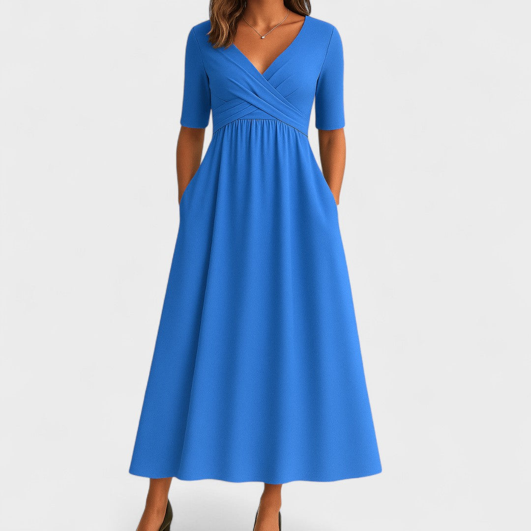 Wira Damen Midi Kleid | Wickel-V-Ausschnitt, Praktische Seitentaschen, Sommerkleider- S-3XL