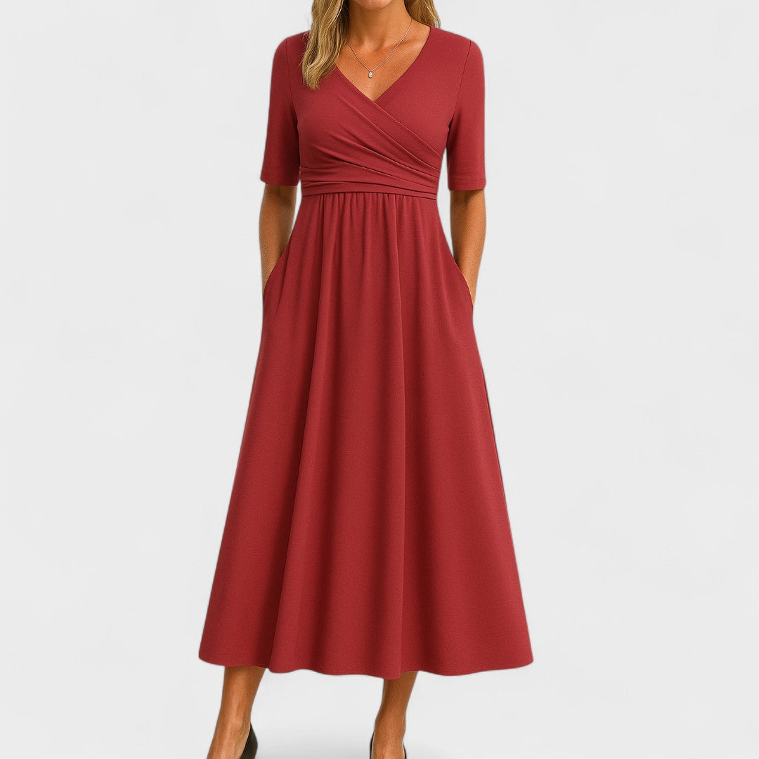 Wira Damen Midi Kleid | Wickel-V-Ausschnitt, Praktische Seitentaschen, Sommerkleider- S-3XL