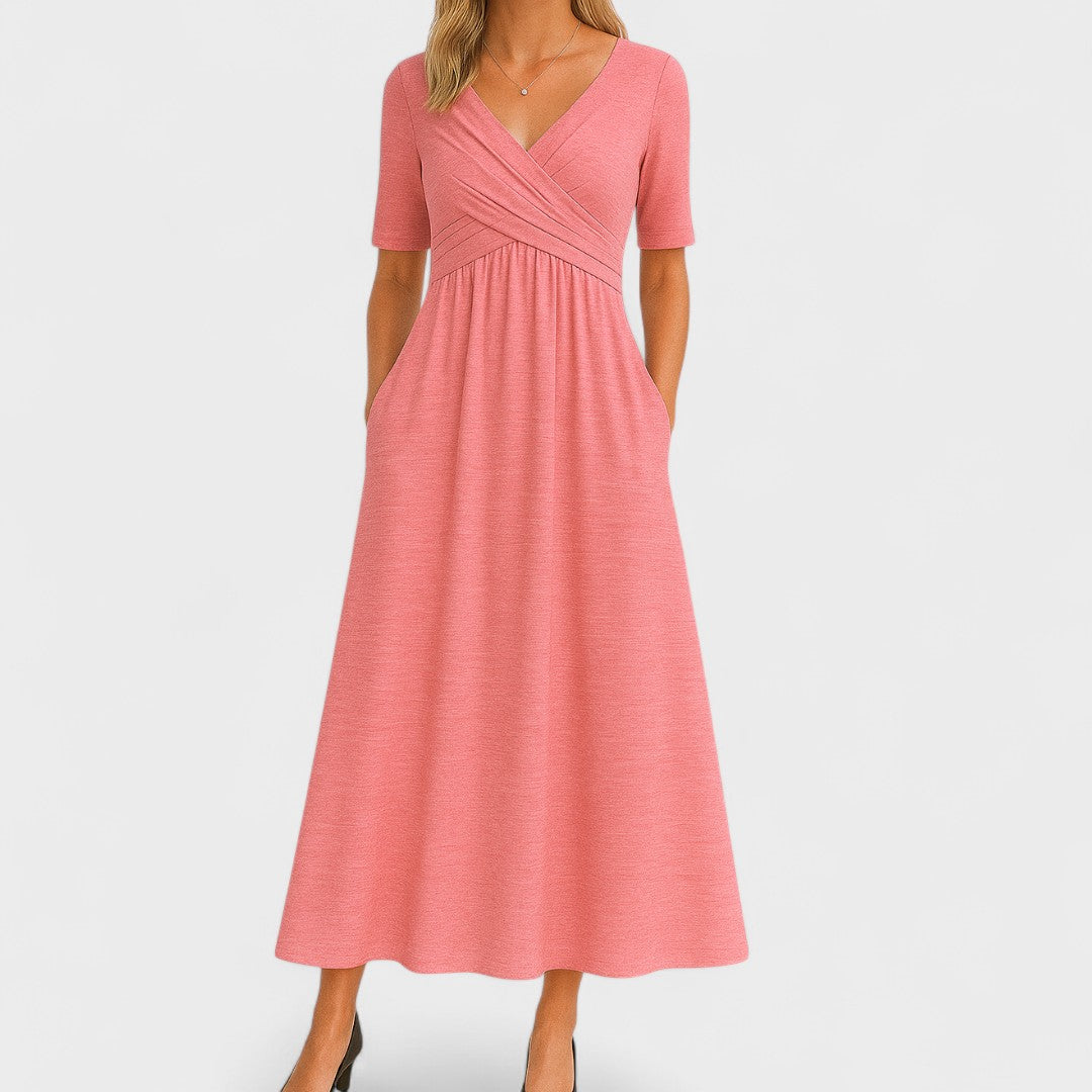 Wira Damen Midi Kleid | Wickel-V-Ausschnitt, Praktische Seitentaschen, Sommerkleider- S-3XL