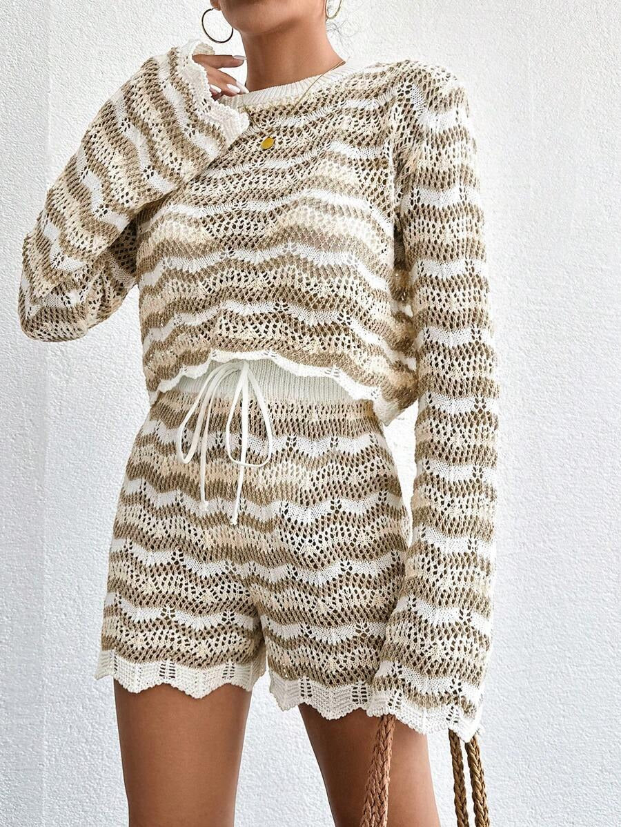 Zara Damen Zweiteiler | Langarmoberteil mit Shorts, Baumwollmischung- S-L