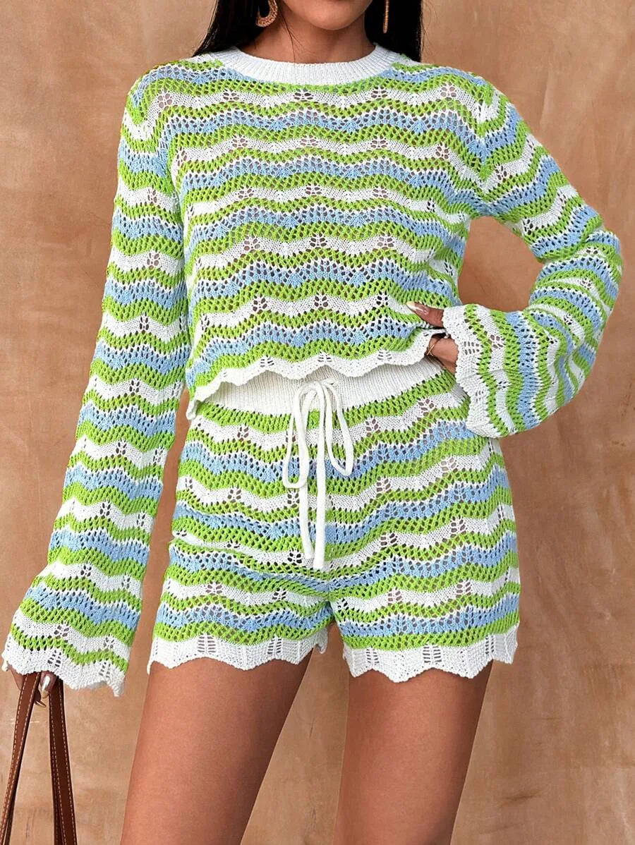 Zara Damen Zweiteiler | Langarmoberteil mit Shorts, Baumwollmischung- S-L