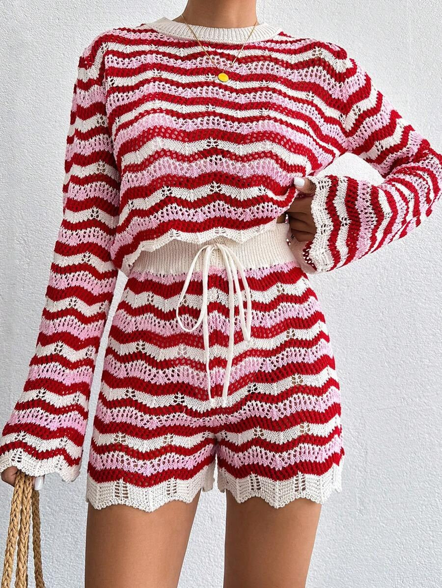 Zara Damen Zweiteiler | Langarmoberteil mit Shorts, Baumwollmischung- S-L