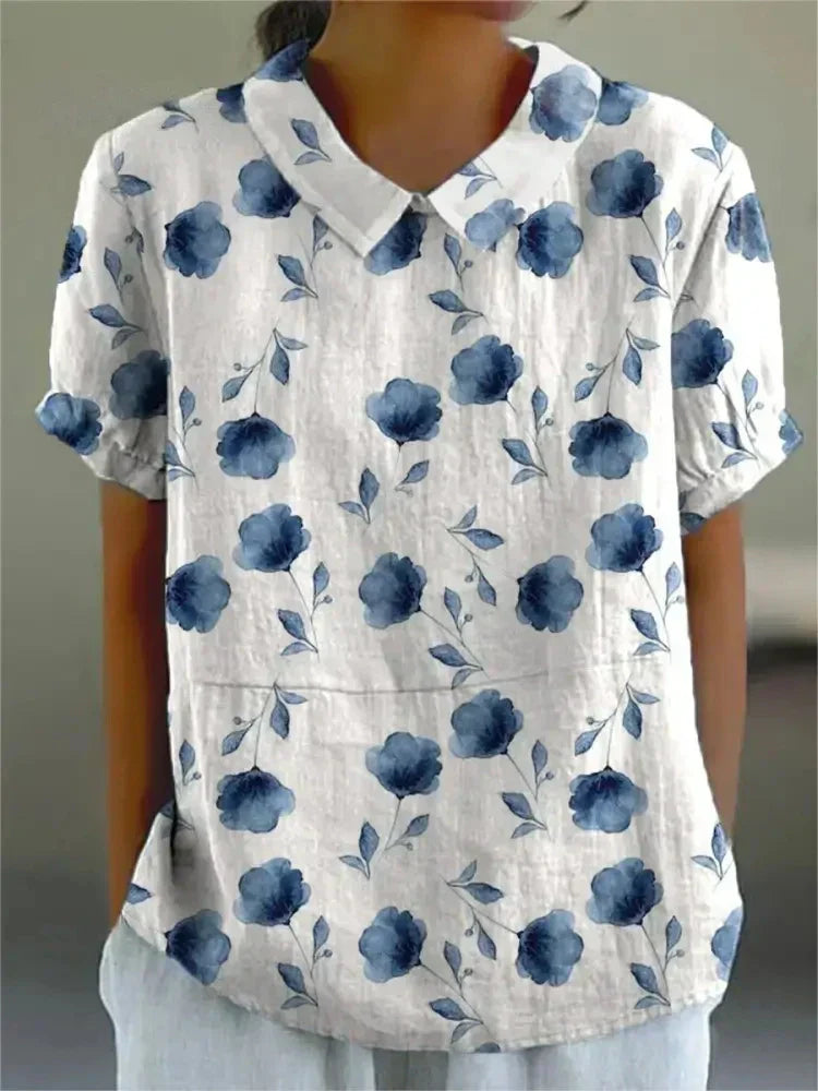 Monika Khaki Floral Leinen Bluse für Damen | Luftig Lässiger Stil | Sommerbluse - S/M/L/XL/2XL