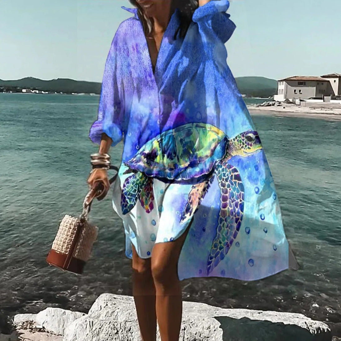 Karin Hellblau Bedrucktes Oversized Hemdblusenkleid für Damen | Luftig Lässiger Stil | Sommerkleid mit Print - XS/S/M/L/XL/2XL/3XL