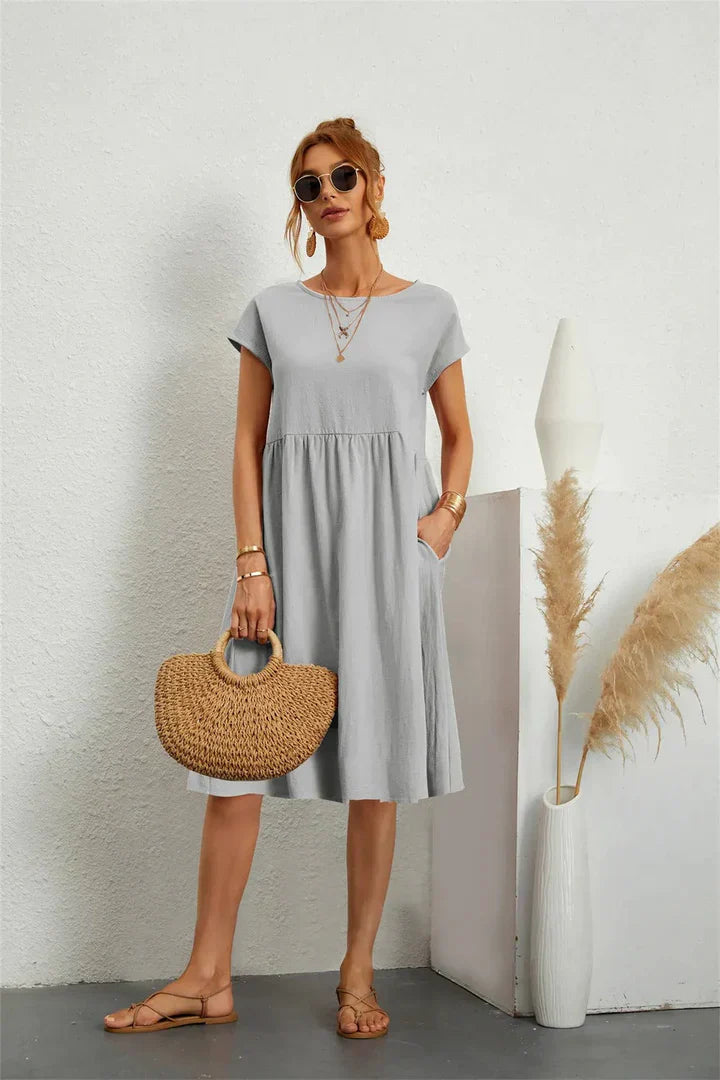 Monika Schwarz Kurzarm Kleid mit Rundhals und Taschen für Damen | Leichter Sommerkomfort | Alltag und Urlaub - S/M/L/XL/2XL