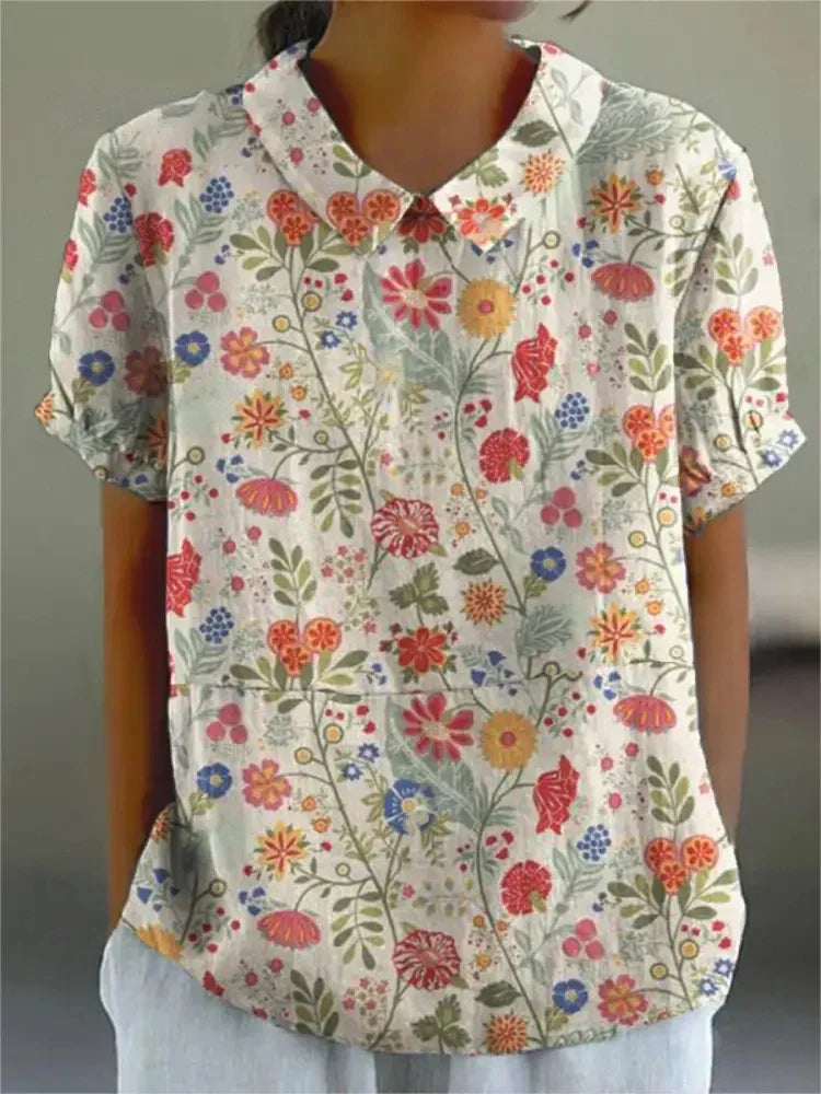 Monika Khaki Floral Peter-Pan-Kragen Bluse für Damen | Leichte Entspannte Passform | Alltag & Sommer - S/M/L/XL/2XL