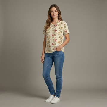 Monika Khaki Floral Leinen Bluse für Damen | Luftig Lässiger Stil | Sommerbluse - S/M/L/XL/2XL