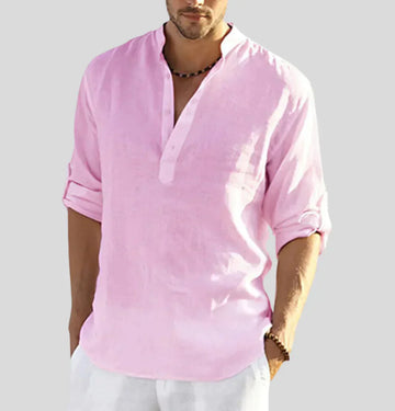 Walter Weiß Leinenhemd mit Stehkragen für Herren | Atmungsaktiv Entspannter Stil | Sommer Freizeitlook - XS/S/M/L/XL/2XL/3XL/4XL