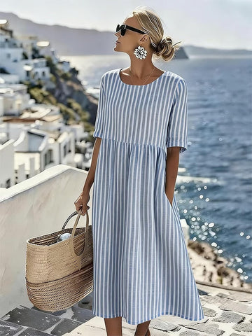 Monika Blau Gestreiftes Midikleid mit Taschen für Damen | Luftig Entspannter Stil | Sommerurlaub & Alltag - S-5XL