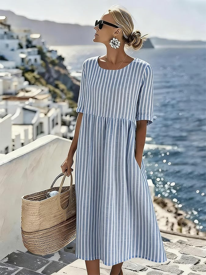 Monika Blau Gestreiftes Midikleid mit Taschen für Damen | Luftig Entspannter Stil | Sommerurlaub & Alltag - S-5XL