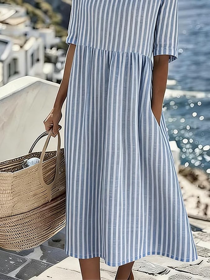 Monika Blau Gestreiftes Midikleid mit Taschen für Damen | Luftig Entspannter Stil | Sommerurlaub & Alltag - S-5XL
