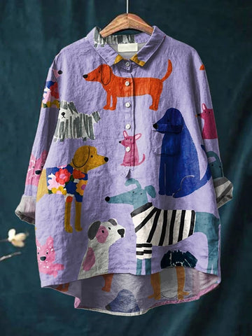 Monika Lila Hunde-Print Langarm Bluse für Damen | Luftig Lässige Passform | Baumwolle-Leinen Mix - S-5XL