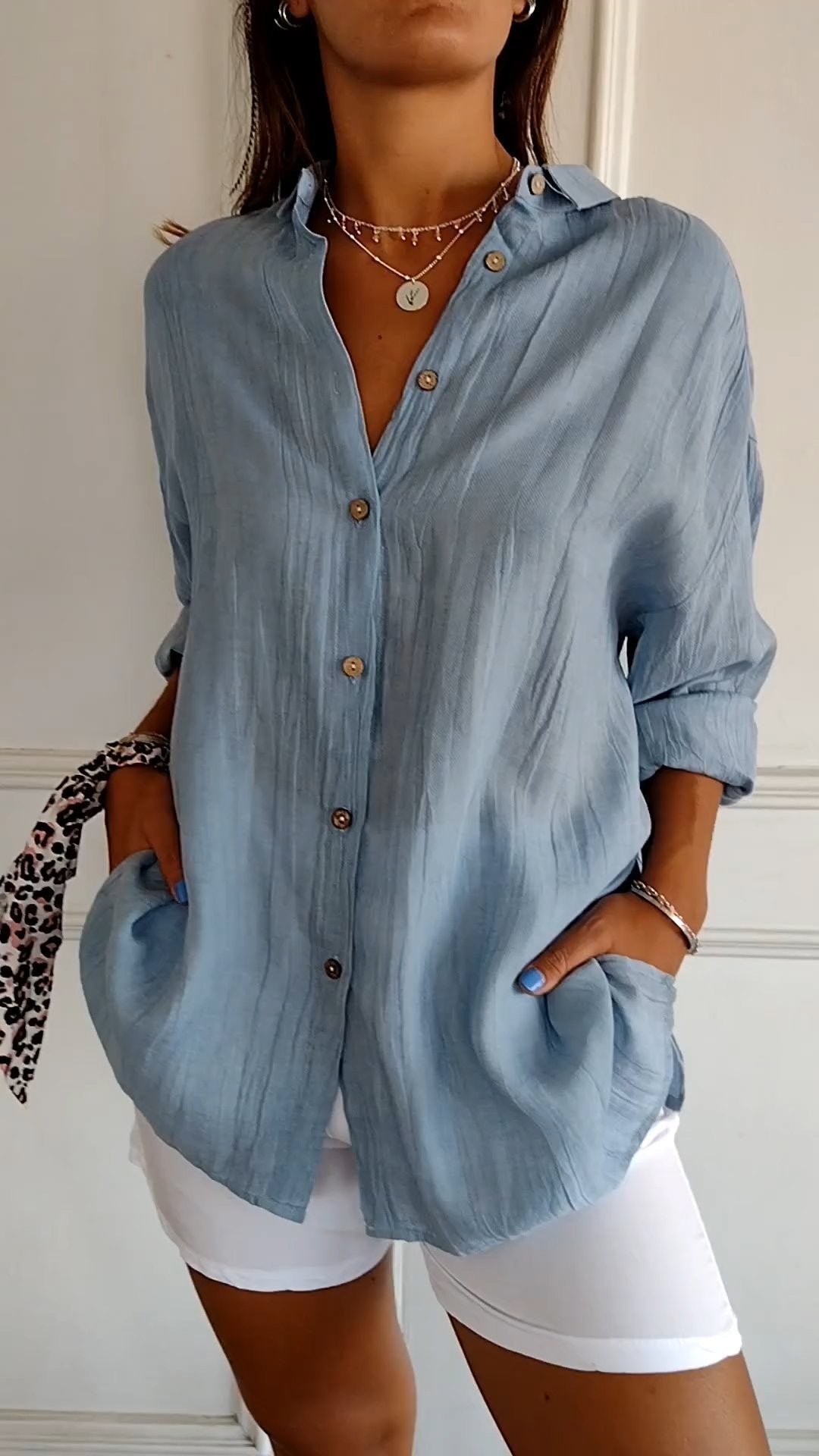 Käthi Blau Oversized Crinkle Hemdbluse für Damen | Leichter Lässiger Stil | Alltag und Urlaub - S/M/L/XL/2XL/3XL/4XL/5XL