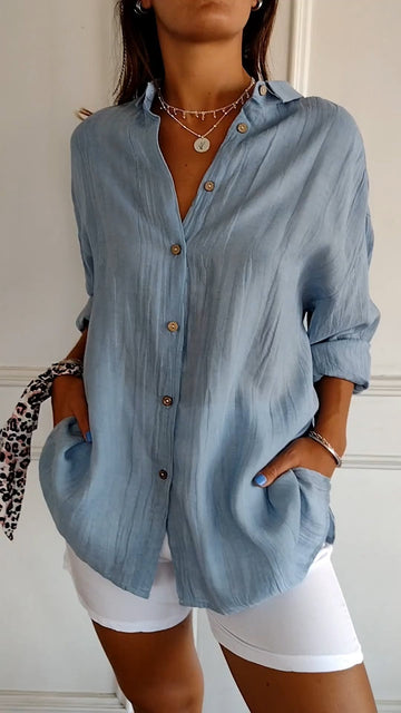Käthi Blau Oversized Crinkle Hemdbluse für Damen | Leichter Lässiger Stil | Alltag und Urlaub - S/M/L/XL/2XL/3XL/4XL/5XL