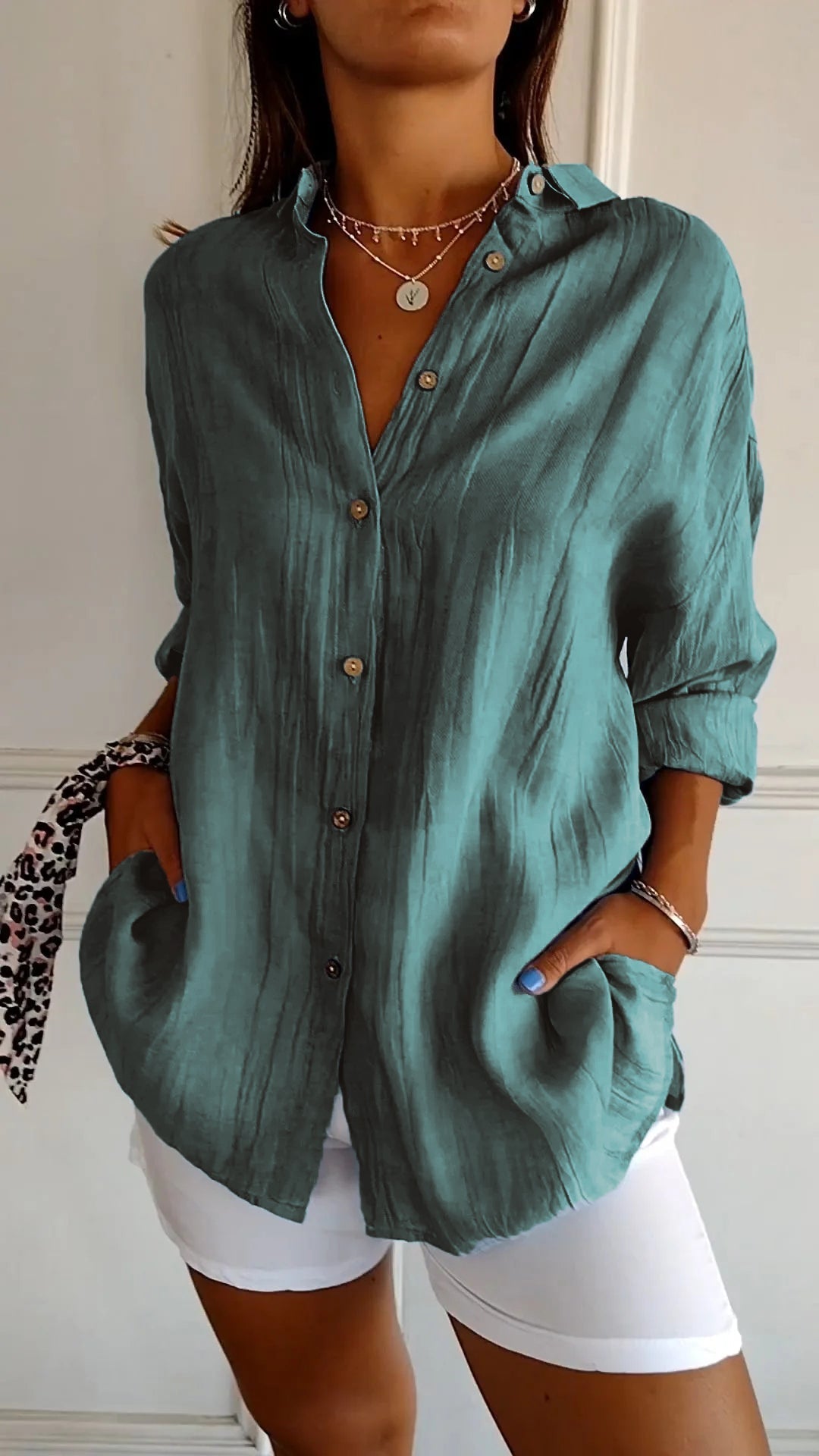 Monika Blau Crinkle Oversized Button-Down Bluse für Damen | Leichter Relaxed Fit | Casual Alltagsbluse - S/M/L/XL/2XL/3XL/4XL