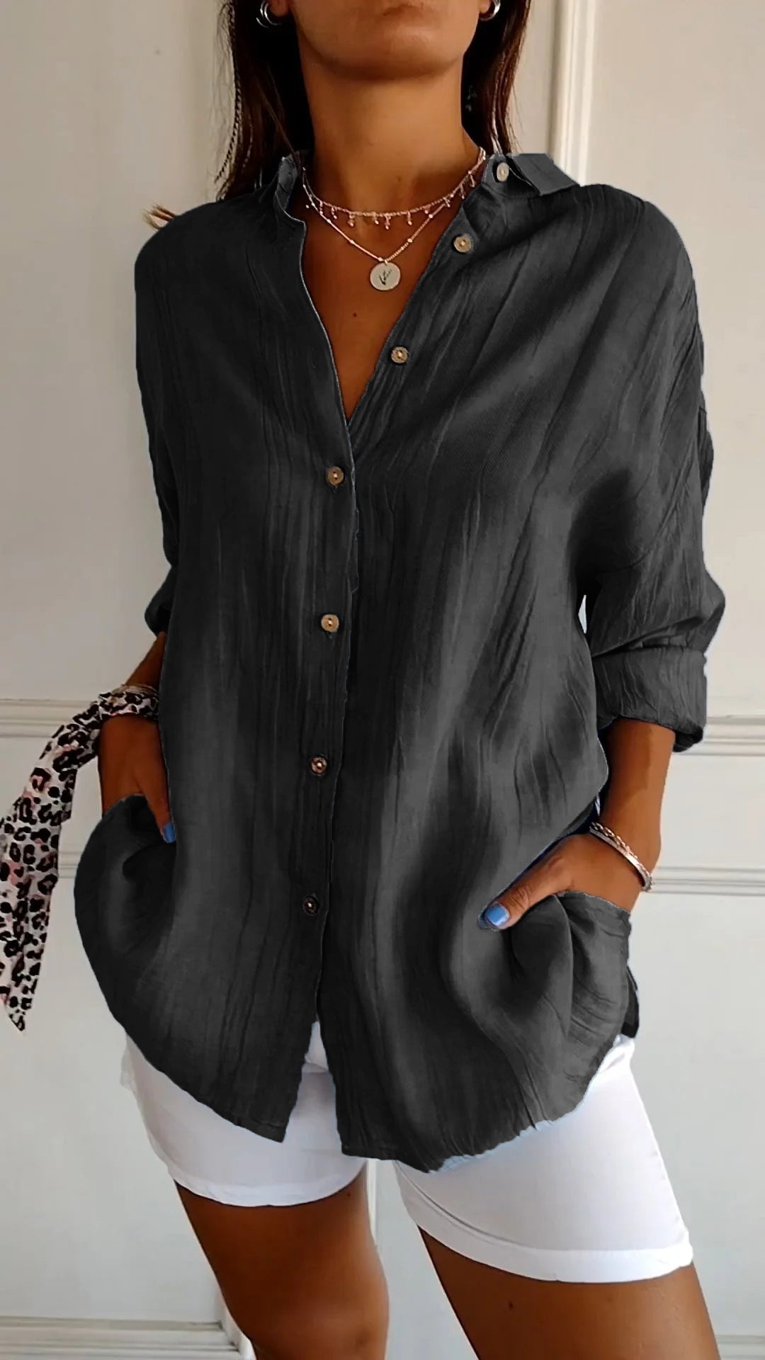 Käthi Blau Oversized Crinkle Hemdbluse für Damen | Leichter Lässiger Stil | Alltag und Urlaub - S/M/L/XL/2XL/3XL/4XL/5XL