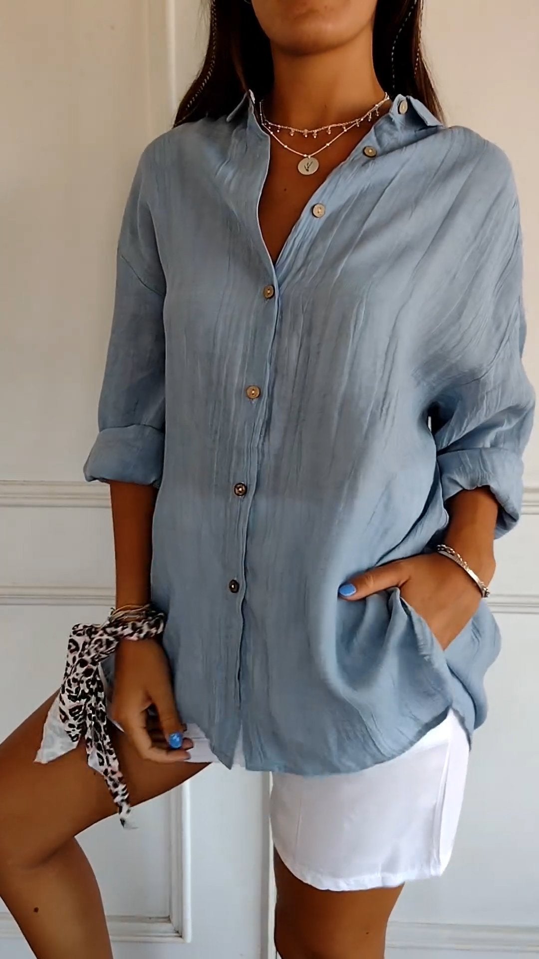 Monika Blau Crinkle Oversized Button-Down Bluse für Damen | Leichter Relaxed Fit | Casual Alltagsbluse - S/M/L/XL/2XL/3XL/4XL