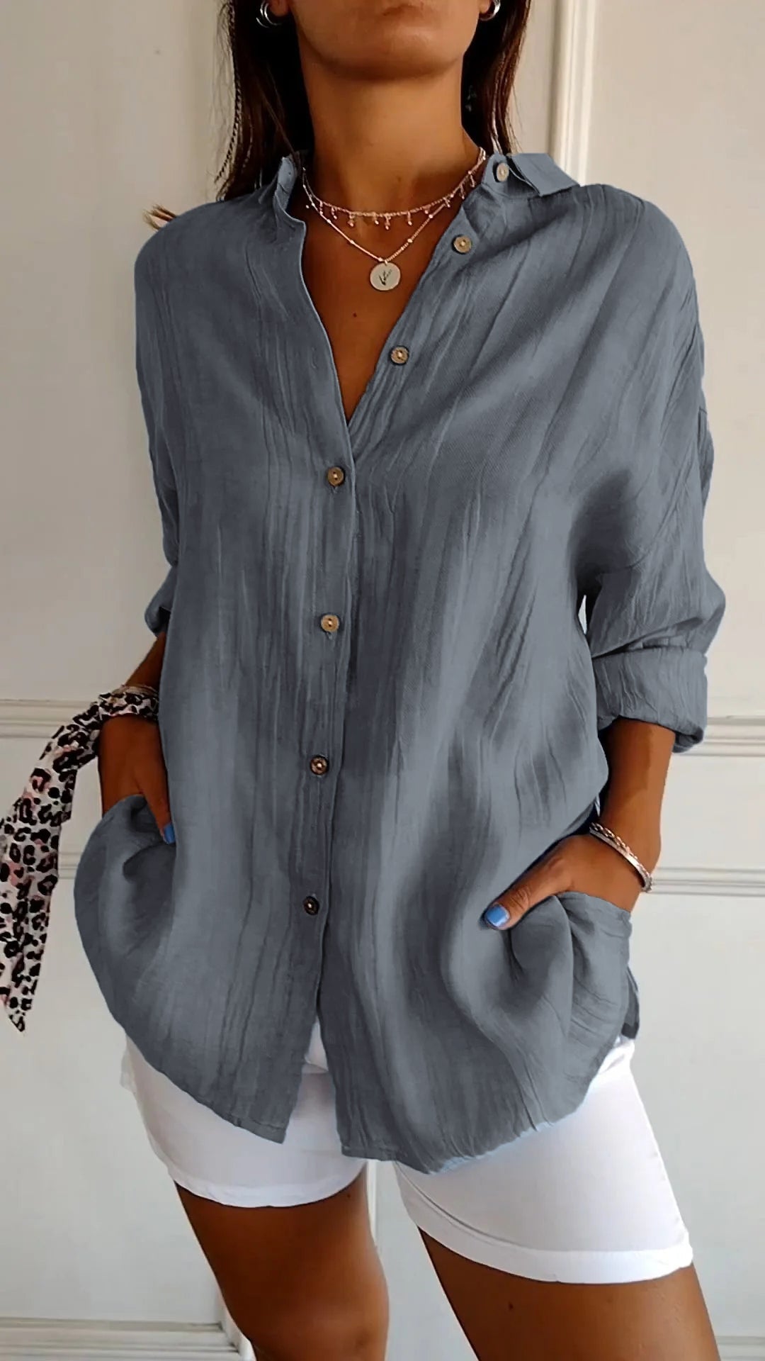 Käthi Blau Oversized Crinkle Hemdbluse für Damen | Leichter Lässiger Stil | Alltag und Urlaub - S/M/L/XL/2XL/3XL/4XL/5XL
