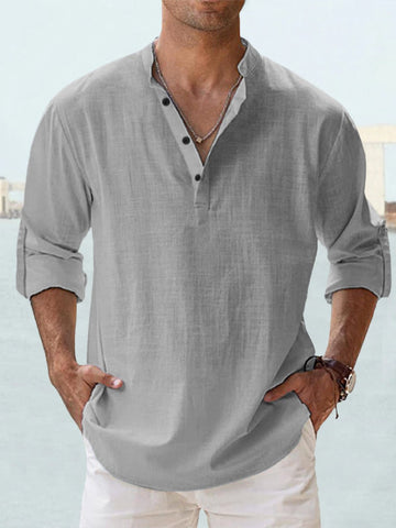 Werner Hell Blau Leinenoptik Henley Hemd für Herren | Lockerer Schnitt - Urlaub und Freizeit - XS/S/M/L/XL/2XL/3XL