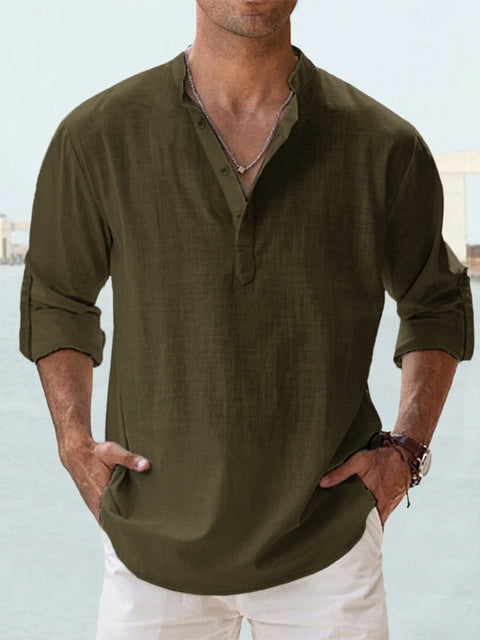 Werner Hell Blau Leinenoptik Henley Hemd für Herren | Lockerer Schnitt - Urlaub und Freizeit - XS/S/M/L/XL/2XL/3XL