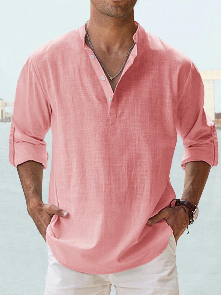 Werner Hell Blau Leinenoptik Henley Hemd für Herren | Lockerer Schnitt - Urlaub und Freizeit - XS/S/M/L/XL/2XL/3XL