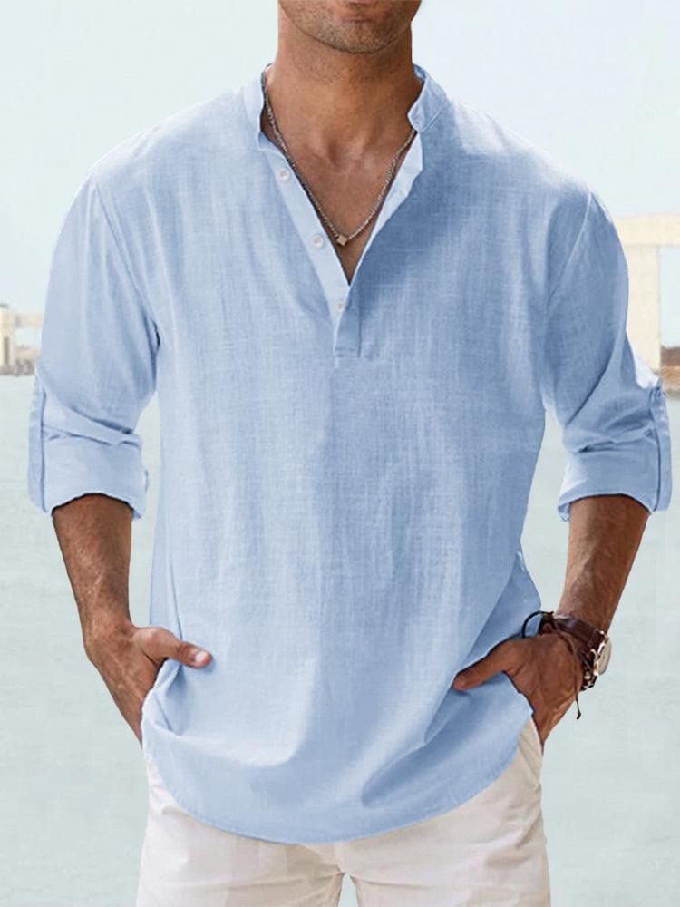Werner Hell Blau Leinenoptik Henley Hemd für Herren | Lockerer Schnitt - Urlaub und Freizeit - XS/S/M/L/XL/2XL/3XL