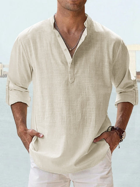 Werner Hell Blau Leinenoptik Henley Hemd für Herren | Lockerer Schnitt - Urlaub und Freizeit - XS/S/M/L/XL/2XL/3XL
