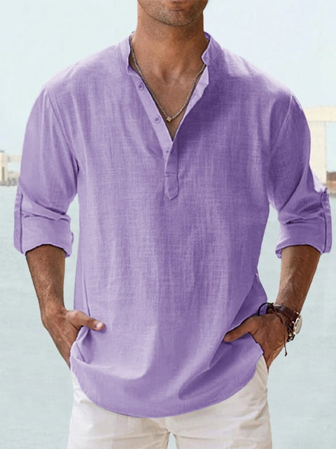 Werner Hell Blau Leinenoptik Henley Hemd für Herren | Lockerer Schnitt - Urlaub und Freizeit - XS/S/M/L/XL/2XL/3XL