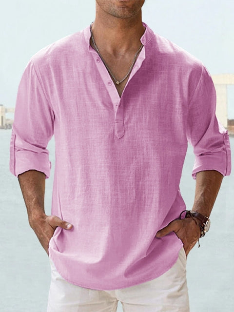 Werner Hell Blau Leinenoptik Henley Hemd für Herren | Lockerer Schnitt - Urlaub und Freizeit - XS/S/M/L/XL/2XL/3XL