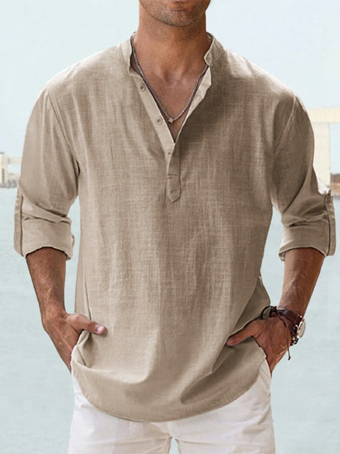 Heinz Hellblau Leinenhemd mit Stehkragen und Henley-Knopfleiste für Herren | Luftig Lässiger Stil - XS/S/M/L/XL/2XL/3XL/4XL