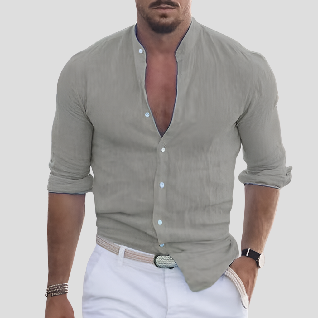 Hansruedi Blau Stehkragen Slim Fit Langarmhemd Herren | Leichtes Leinenhemd Sommer | Casual Elegant - S/M/L/XL