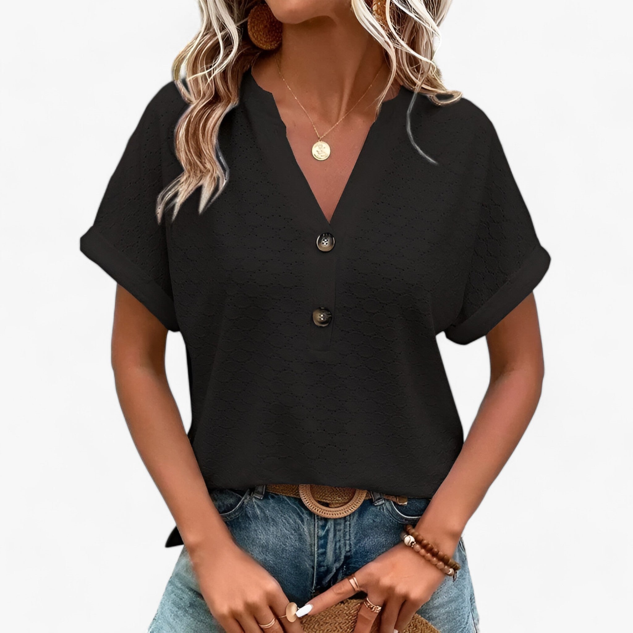 Margrit Schwarz Jacquard V-Ausschnitt Lockere Damen Bluse Langarm | Elegant Feminin Fruehling Sommer Buero Freizeit Oberteil | Bequem - S-3XL