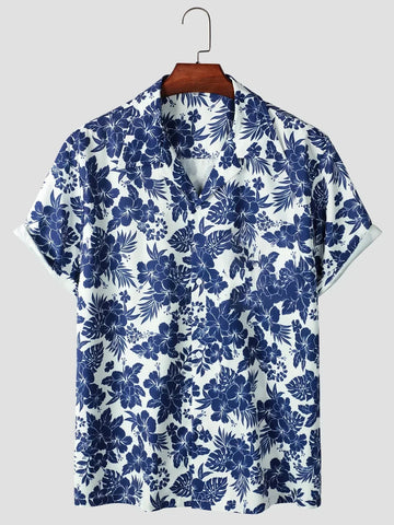 Hansruedi Blau Tropisches Blumendruck Hawaii-Hemd für Herren | Lockere Passform Sommerhemd | Urlaub und Strand - S-4XL