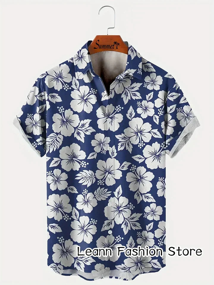 Hansruedi Blau Tropisches Blumendruck Hawaii-Hemd für Herren | Lockere Passform Sommerhemd | Urlaub und Strand - S-4XL